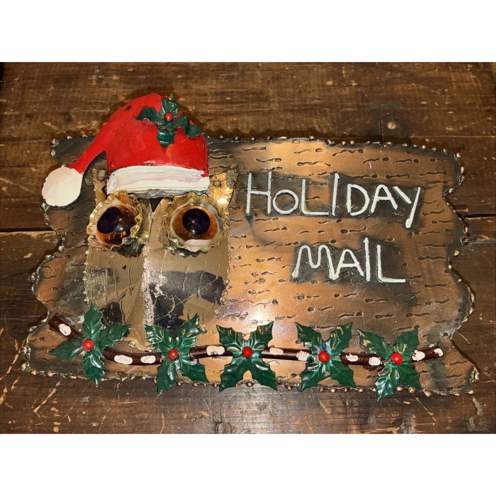 Vintage Enesco 1977 Rustic Metal Owl Mail Box Christmas Card Holder 9"×5" x1-1/2